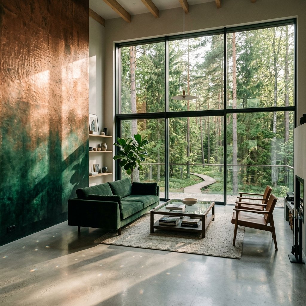Bespoke Estonian Living Space with Floor-to-Ceiling Glazing and Textured Painting